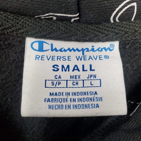 Champion Reverse Weave Hoodie Men's Small Black All Over Logo Side Stretch Flaw - Picture 3 of 14